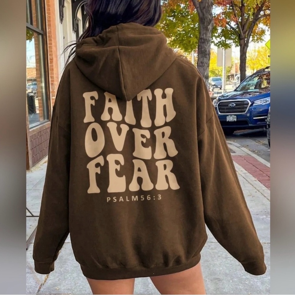 NEW..Faith Over Fear Brown Graphic Hoodie XXL